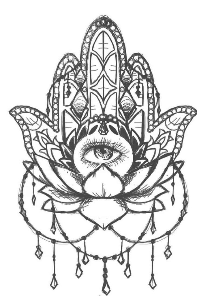 Intricate monochrome Hamsa hand wallpaper with evil eye lotus and hanging beads for zen decor
