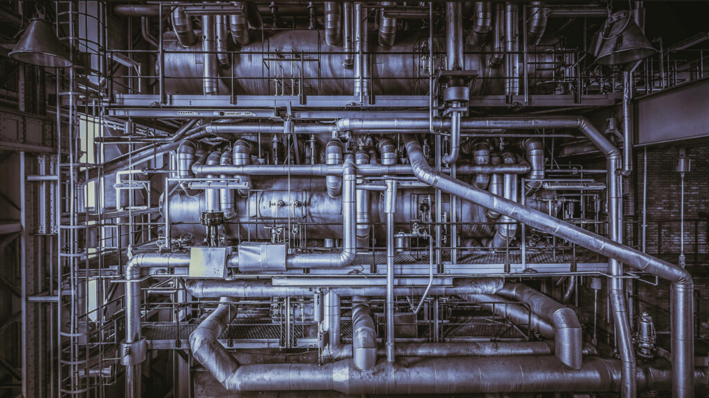 High-Definition Industrial Pipe Wallpaper: Intricate Factory Design