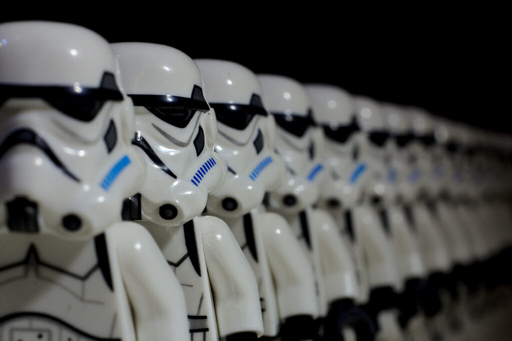 Intricate Lego Star Wars Stormtroopers Wallpaper on Dark Background