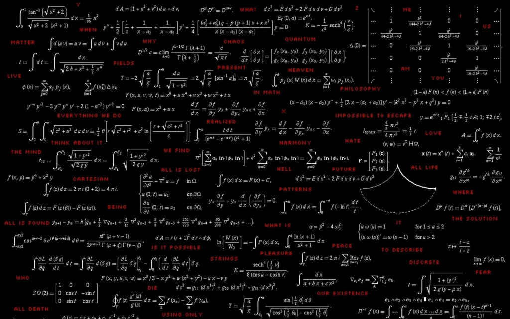 Dark chalkboard wallpaper with white math formulas and red text highlighting scientific concepts