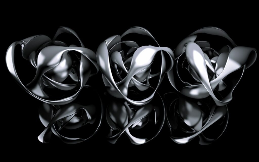Modern Abstract Wallpaper: Intricate Metallic Shapes on Black Background