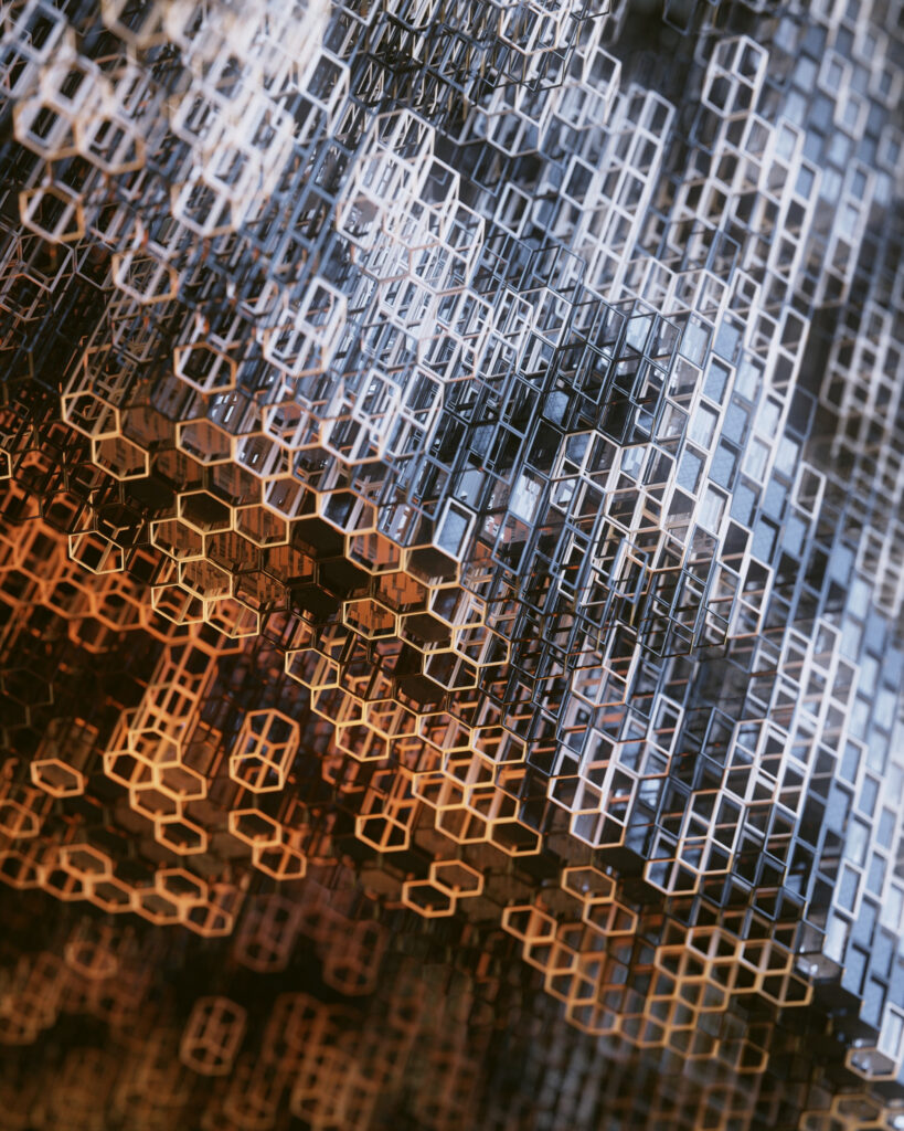 Intricate Metallic Mesh Wallpaper: Hexagonal Prism Gradient Background