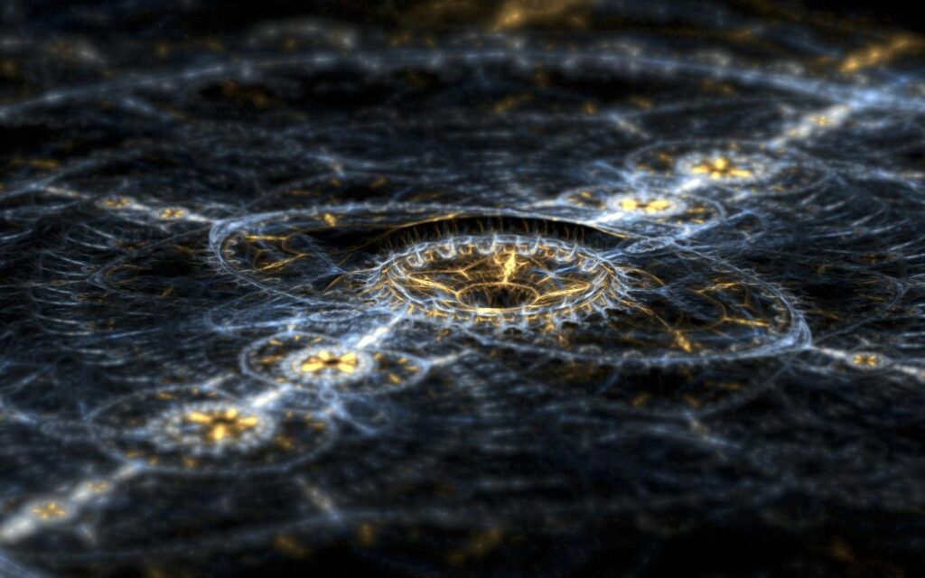 Intricate Metallic Wallpaper with Glowing Gold - Futuristic Design