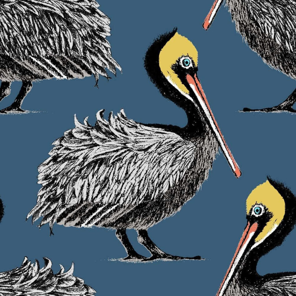 Intricate Pelican Wallpaper on Textured Blue Background - Coastal Decor