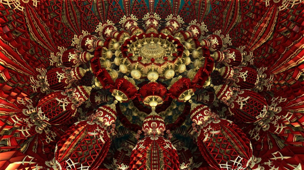 Intricate Red & Gold Fractal Wallpaper – Abstract Symmetrical Design