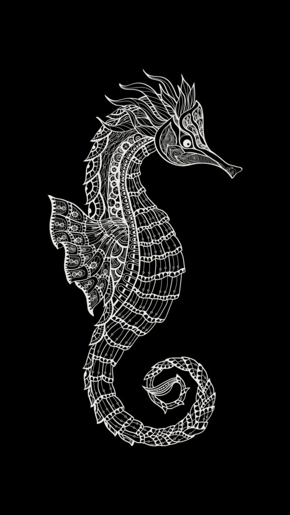 Intricate Seahorse Tattoo Wallpaper: Elegant HD Design on Black Background