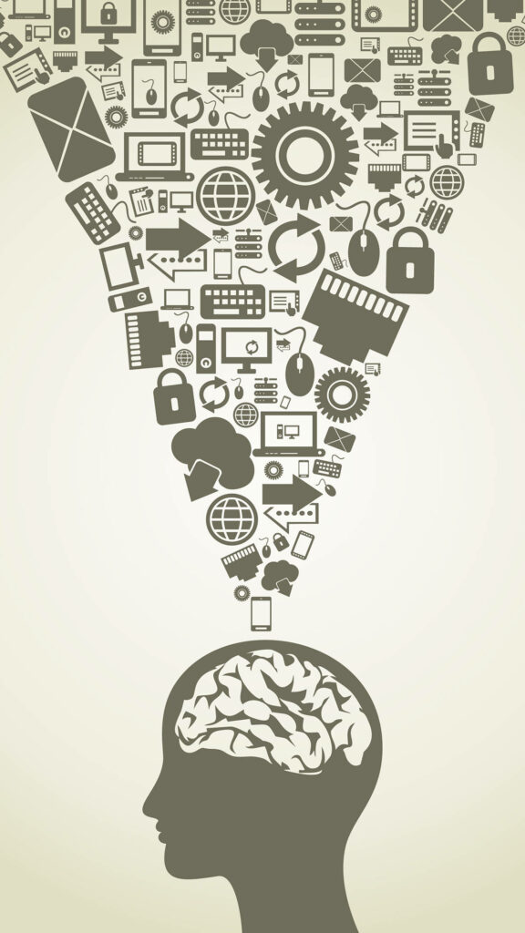 Artistic Silhouette Wallpaper: Intricate Brain Icons & Tech Symbols
