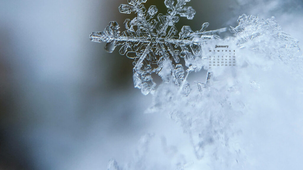Macro snowflake close-up with intricate crystals and January 2022 minimalist calendar on wintry background Wallpaper