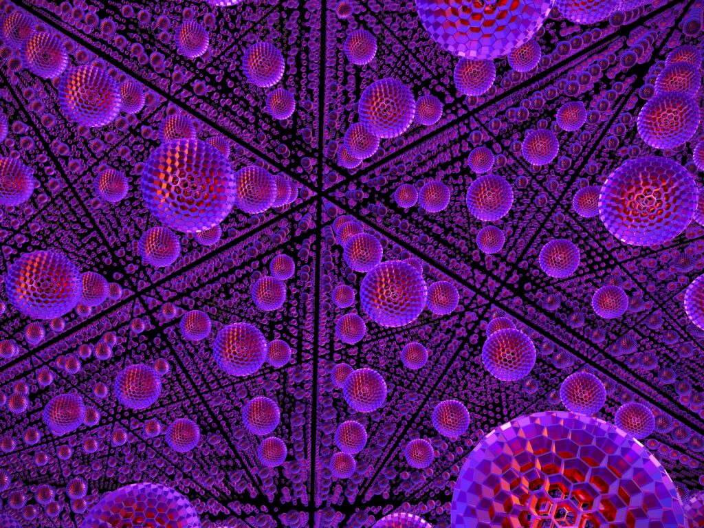 Intricate Purple Wallpaper: Symmetrical Spheres & Geometric Depth