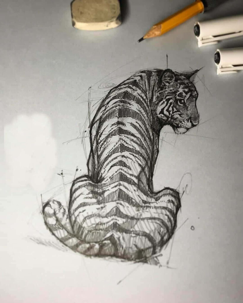 Intricate Tiger Sketch Wallpaper: Lifelike Detail & Depth