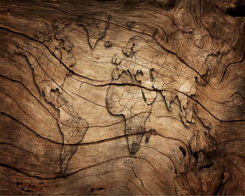 Intricate Wood-Textured World Map Wallpaper: Rustic Artistic Design