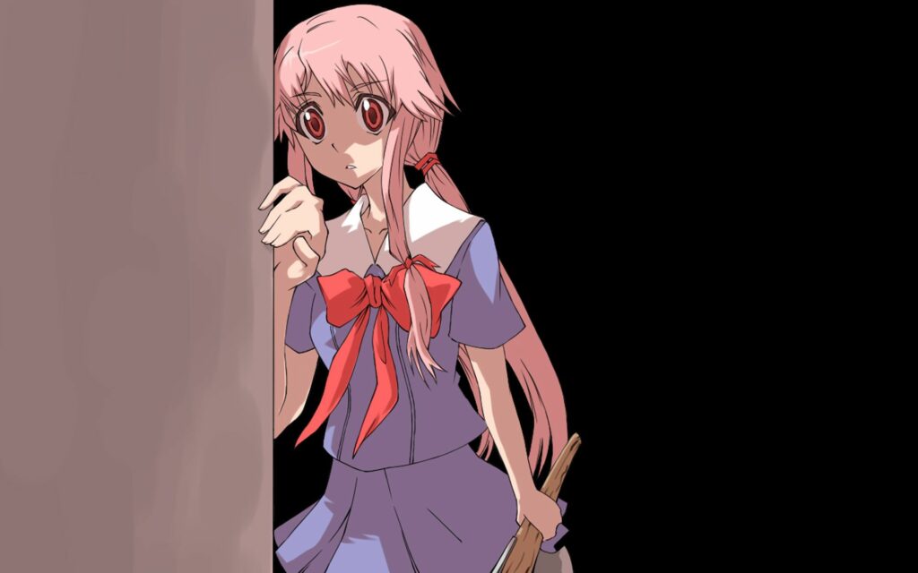 Intriguing Anime Girl with Pink Hair and Red Eyes - Suspenseful Wallpaper