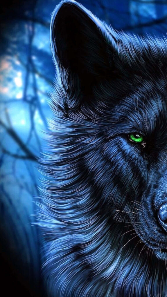 Captivating Black Wolf with Green Eyes on Snowy Background Wallpaper