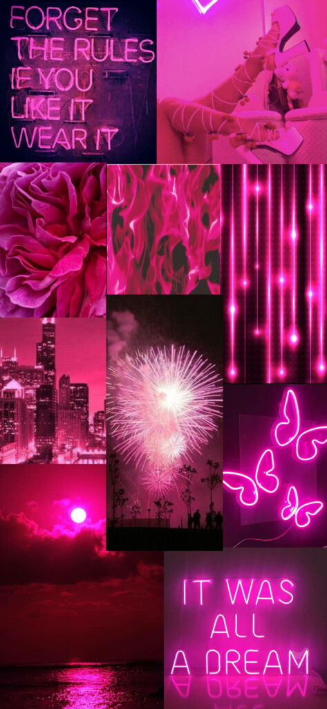Glowing Fusion: Dazzling Neon Pink Collage Delight for Phone Screens Wallpaper