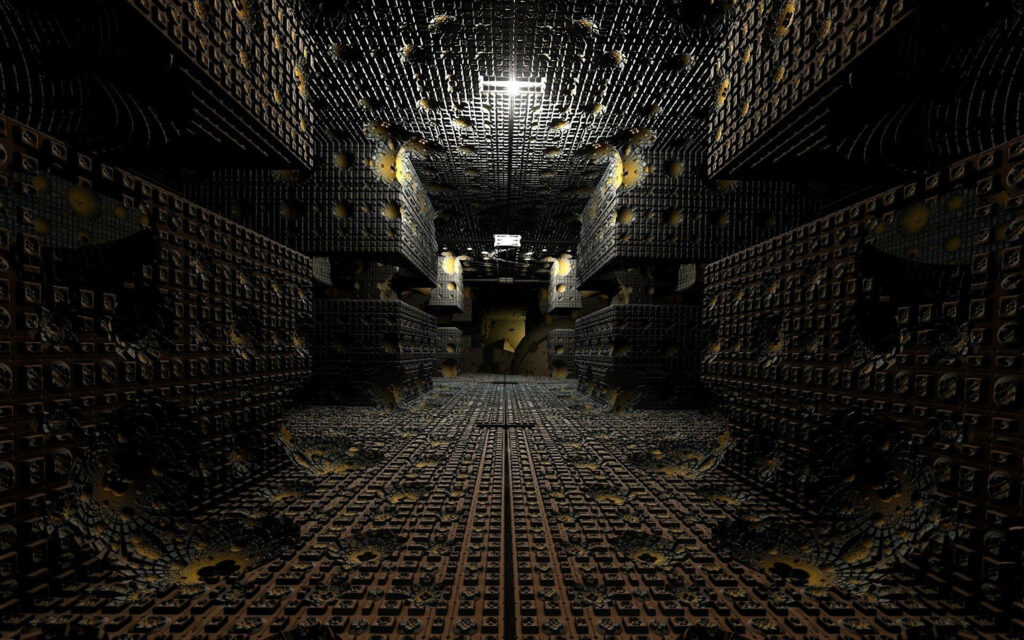 Intriguing 3D Hallway Wallpaper: Surreal Dark Design Background