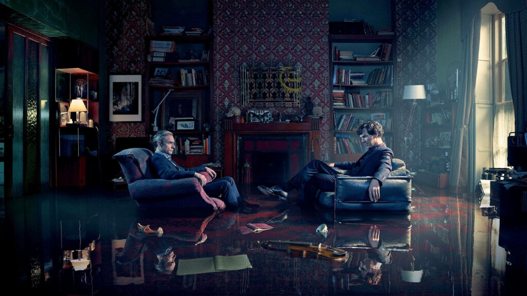 Sherlock Holmes and Watson Flooded Room Wallpaper Background