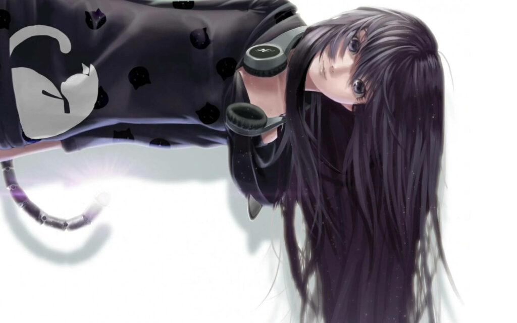Anime Girl Wallpaper: Edgy Emo Aesthetic with Dark Hair & Headphones