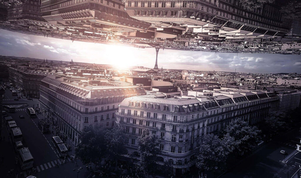 Inverted Paris sunset wallpaper with mirrored iconic architecture and surreal dreamlike cityscape