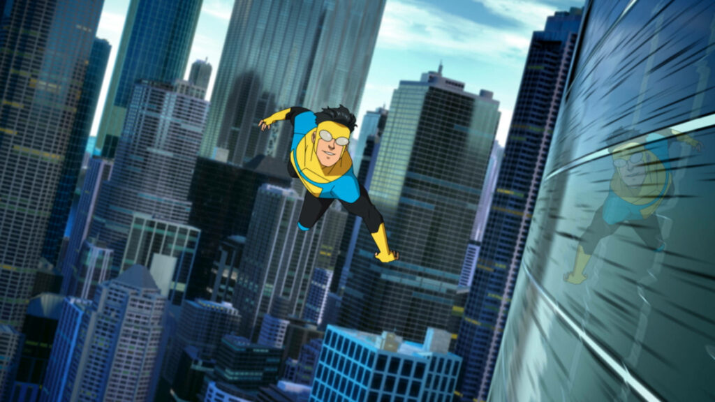 Invincible Flying Through Cityscape: Dynamic Wallpaper Background