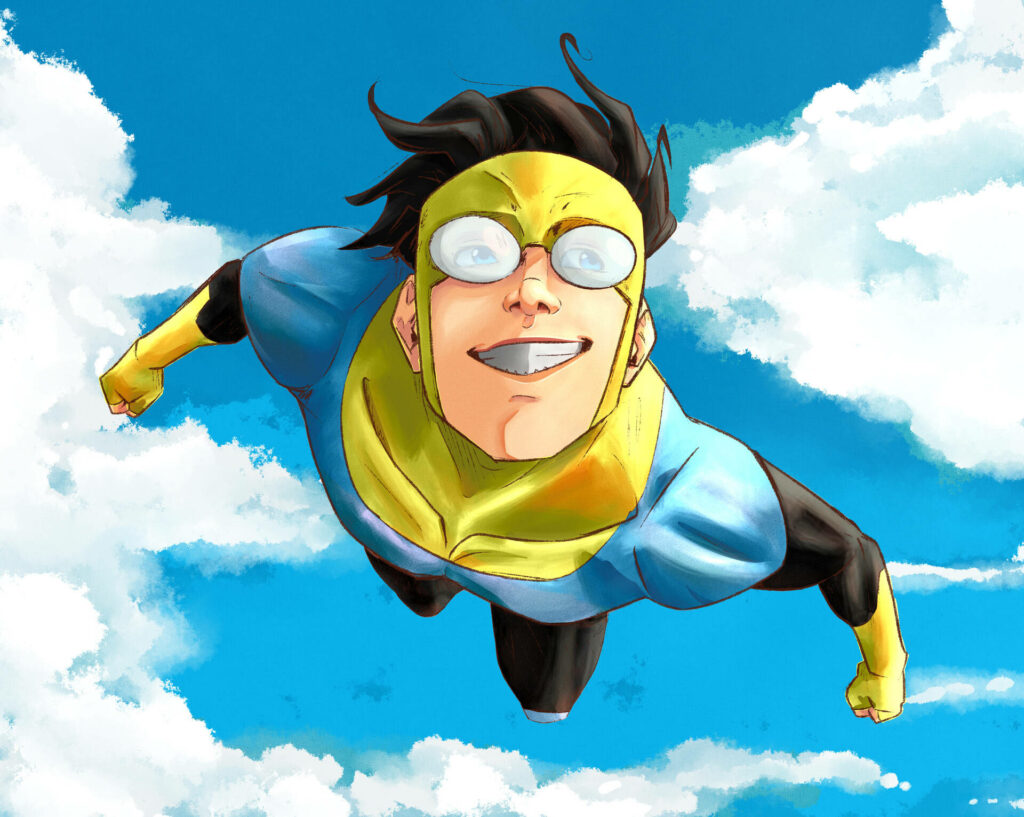 Invincible Soars with Joy: A Hand-Crafted Portrait of the Superhero Flying Amidst the Sky Wallpaper