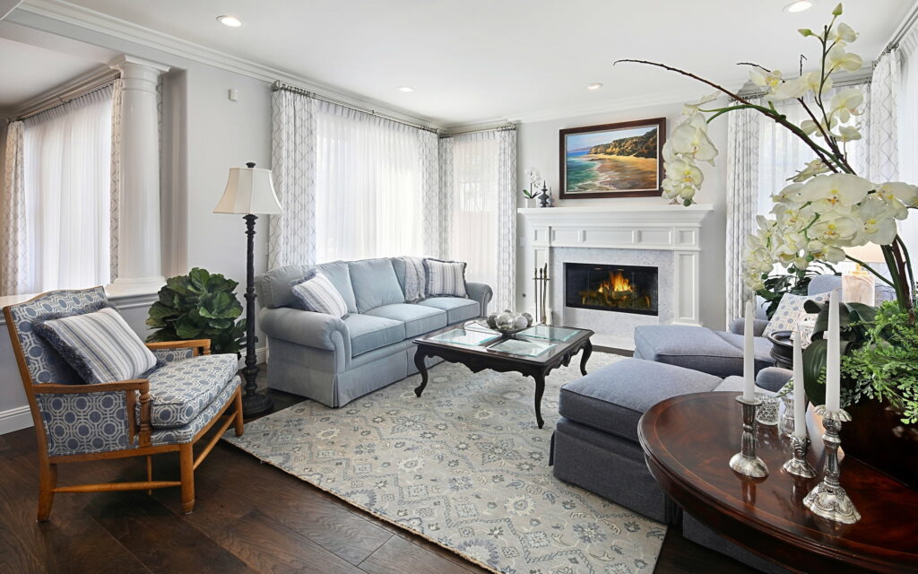 Cozy Fireside Retreat: An HD Wallpaper of a Stylish Living Room with Fireplace