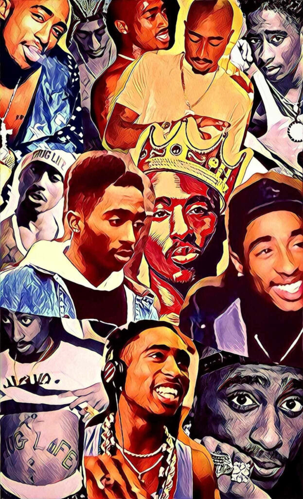 Digital Mosaic Showcase: Vivid Portraits of Tupac Shakur in a Smartphone-Friendly Compilation Wallpaper