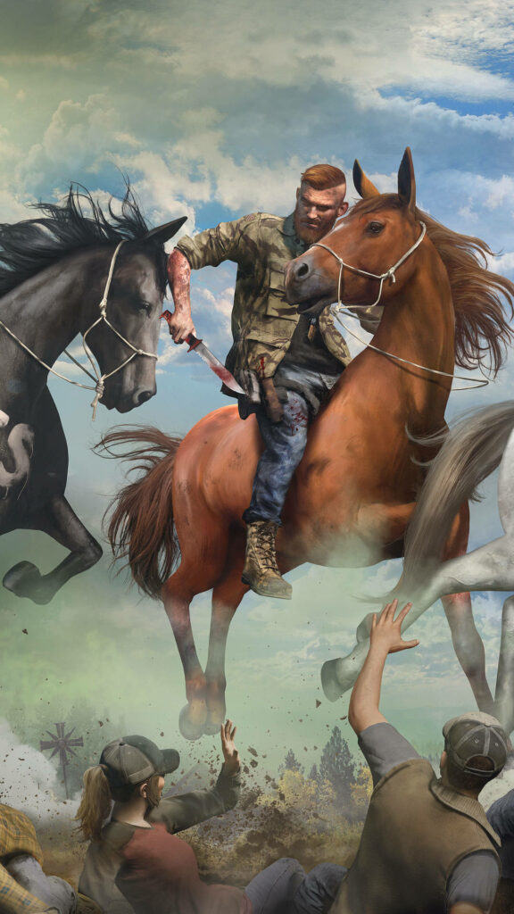 Far Cry 5 Wallpaper: Jacob Seed on Horse in Chaos