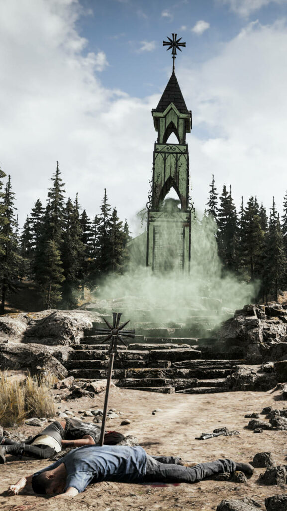 Capturing the Majestic Church Tower in Far Cry 5's Scenic Landscape Wallpaper