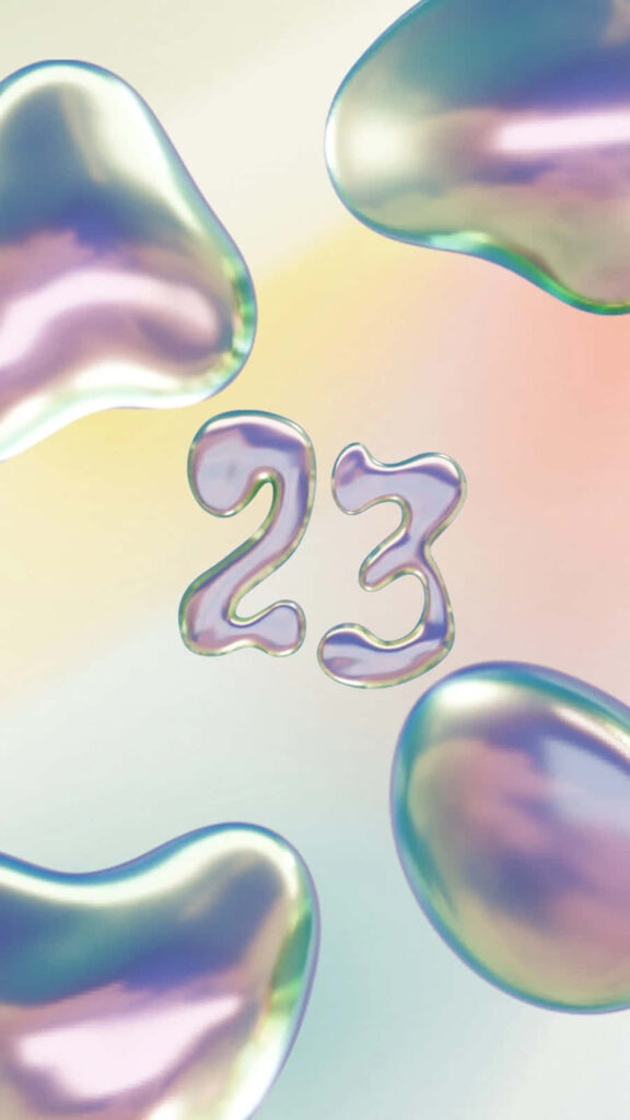 Unique Iridescent 3D Number 23 Wallpaper with Fluid Pastel Background