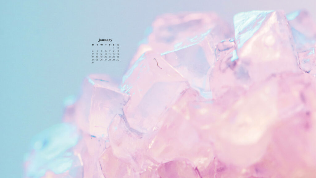Iridescent pastel crystals background with January 2022 minimalist calendar in soft pink purple blue Wallpaper