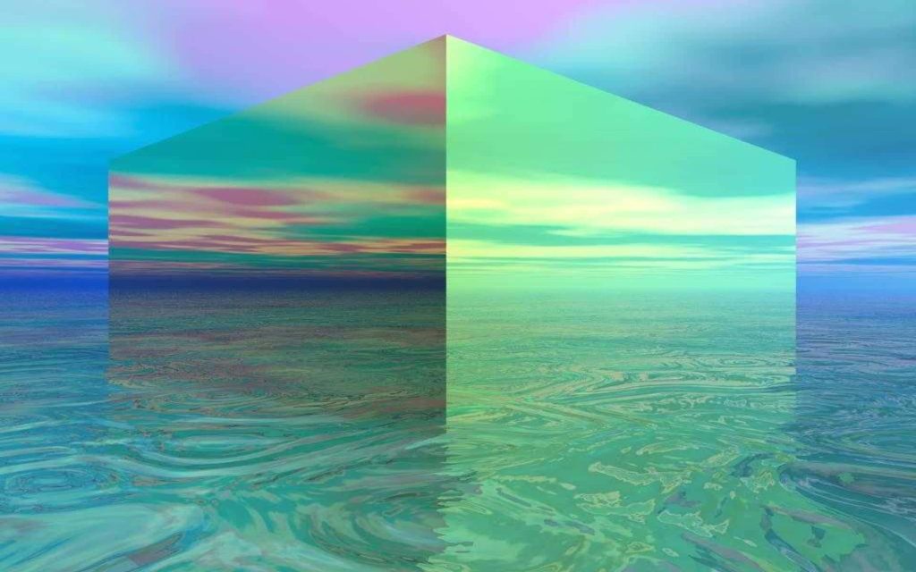 Surreal iridescent cube on rippling water with teal green pink sky futuristic digital art wallpaper