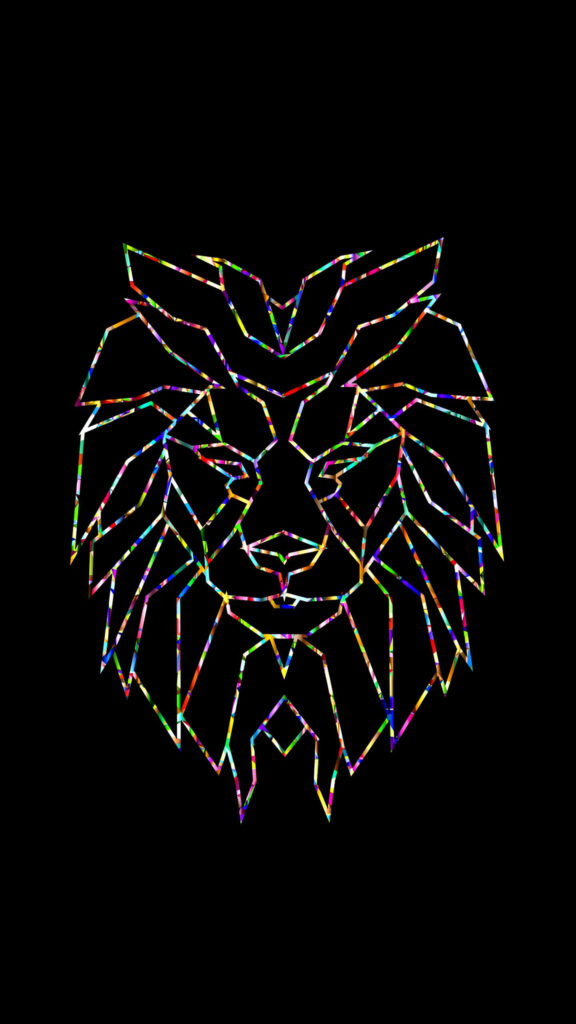 Geometric Lion Head Wallpaper: Colorful Iridescent Design on Black