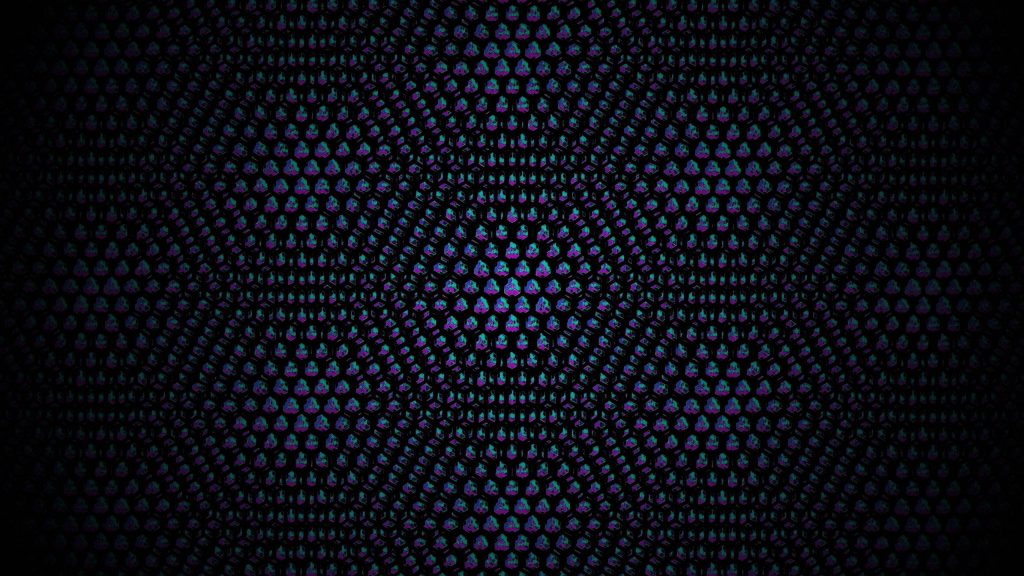 Iridescent hexagon studs wallpaper with dark backdrop and glowing purple teal 3D geometric pattern