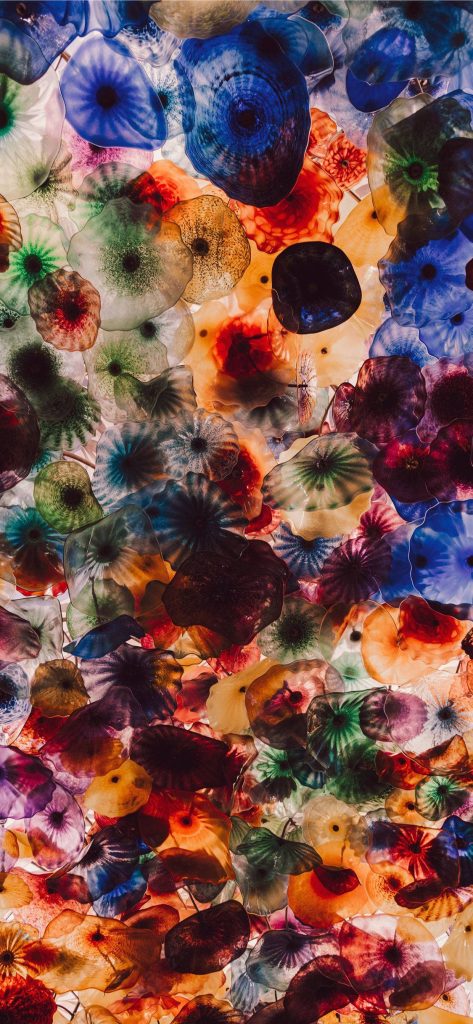 Close-up of vibrant multi-colored glass sculptures resembling iridescent jellyfish mosaic wallpaper