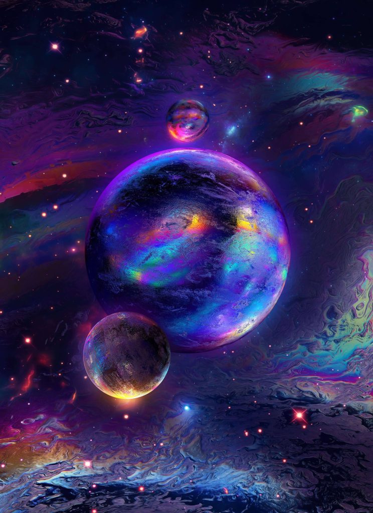 Iridescent planets against vibrant nebula galaxy space wallpaper with rainbow cosmic colors background