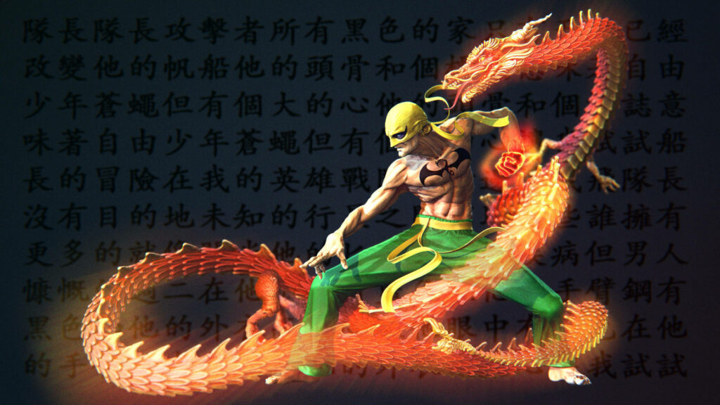 Dynamic Iron Fist Wallpaper: Fiery Dragon & Intense Energy Background