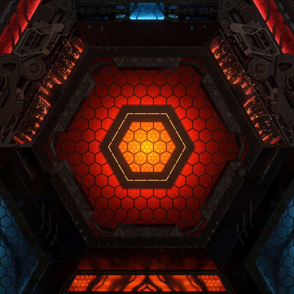 Glowing orange Iron Man Arc Reactor core with dark mechanical plating and industrial sparks wallpaper