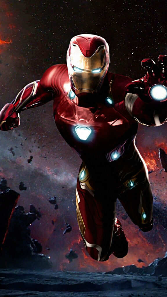 Iron Man in advanced suit soaring through cosmic battlefield Avengers Infinity War wallpaper