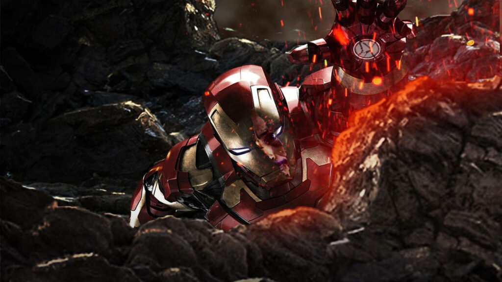 Iron Man battles fiercely in fiery rubble showcasing strength Wallpaper