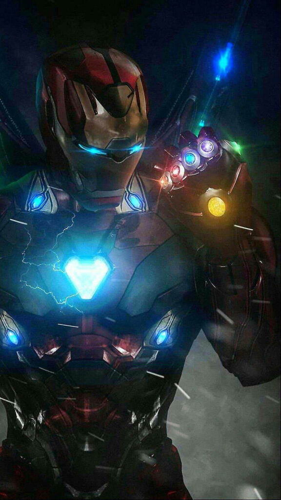 Iron Man glowing with Infinity Stones in high-definition detailed superhero phone wallpaper background