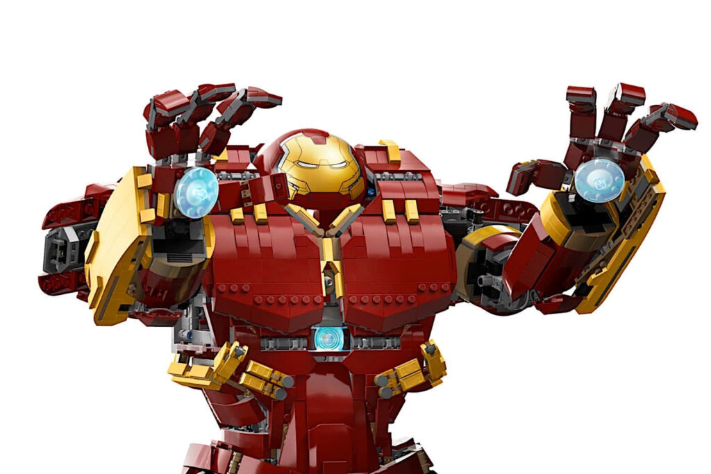 Lego Iron Man Hulkbuster armor model vibrant red and gold detailed wallpaper background