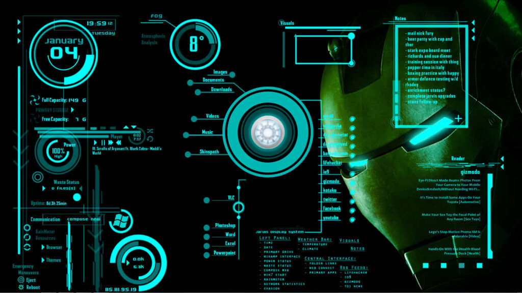 Iron Man-Inspired Futuristic Wallpaper with Vibrant HUD Elements