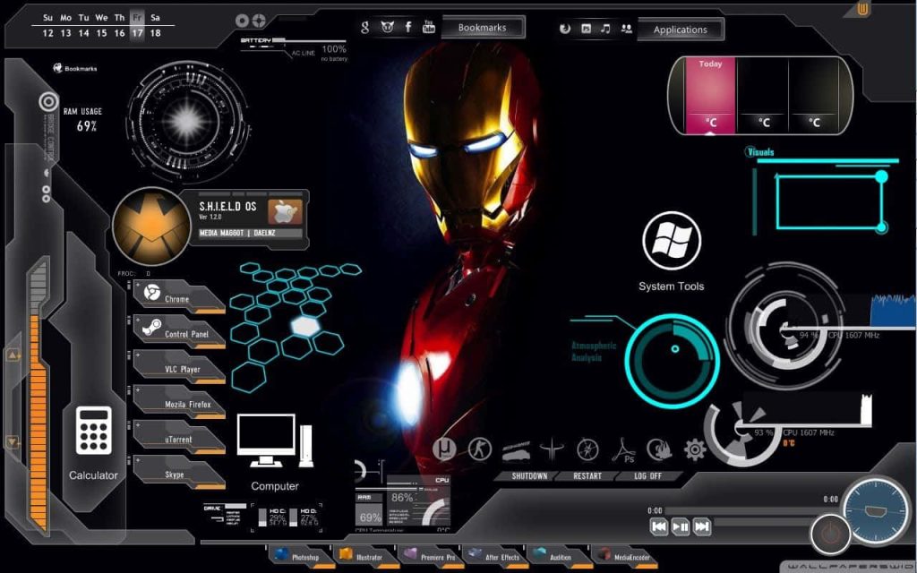 Iron Man inspired desktop wallpaper with futuristic Jarvis S.H.I.E.L.D. OS tech interface