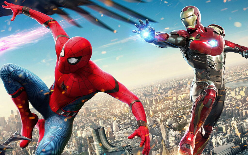 Iron Man and Spider-Man team up above city skyline in dynamic Spider-Man Homecoming HD wallpaper