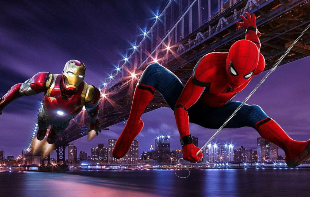 Iron Man and Spider-Man team up at night under city bridge with vibrant skyline wallpaper background