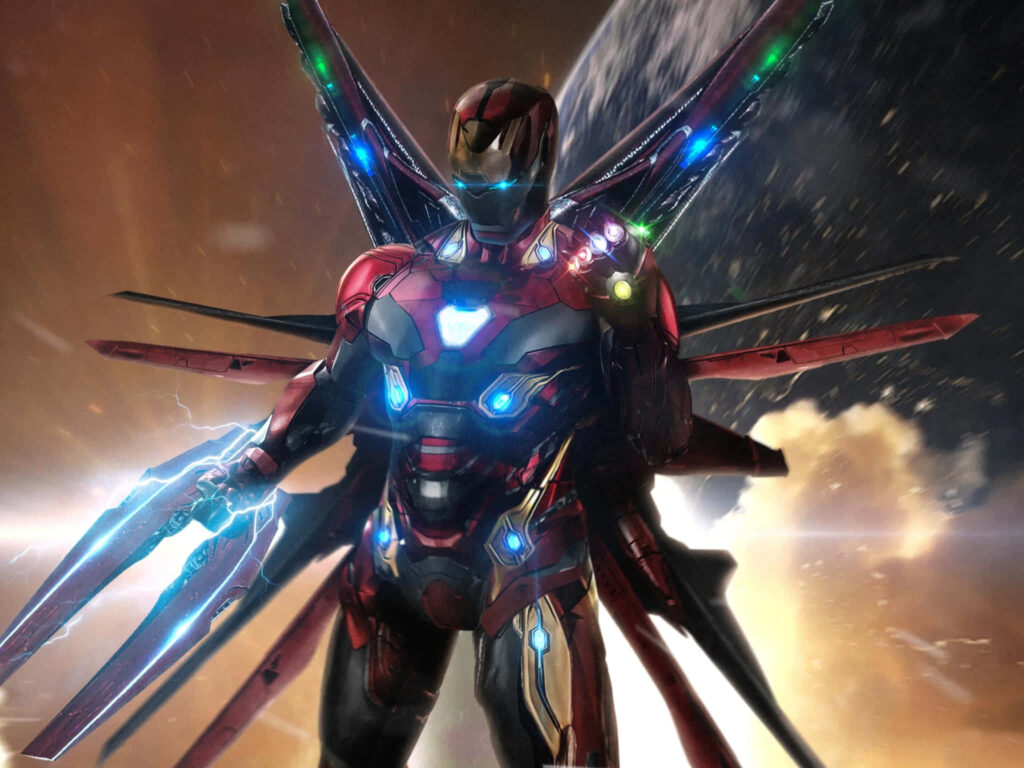 Iron Man in glowing advanced suit ready for battle on Titan cosmic background Avengers wallpaper