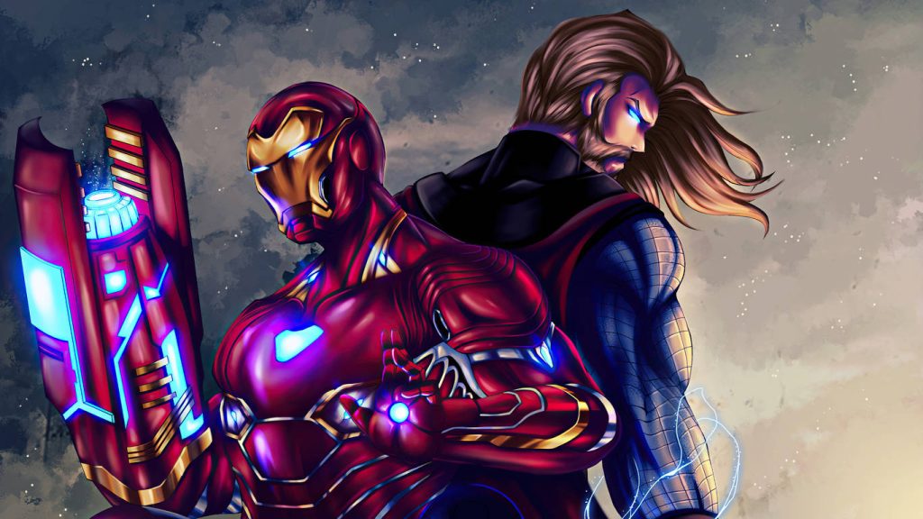 Marvel digital art wallpaper Iron Man red gold armor glowing cannon Thor electric eyes