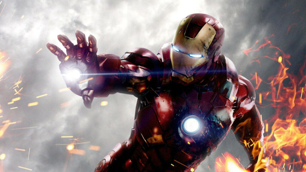 Iron Man firing repulsor blast in red gold armor with fiery sparks smoky cinematic background Wallpaper