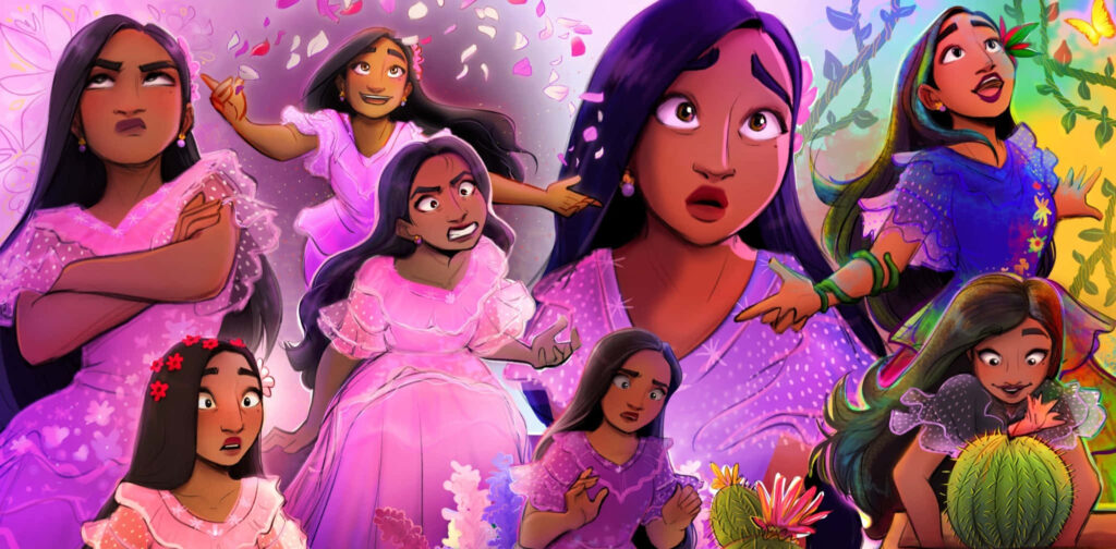 Isabela from *Encanto*: Colorful Collage Wallpaper Background