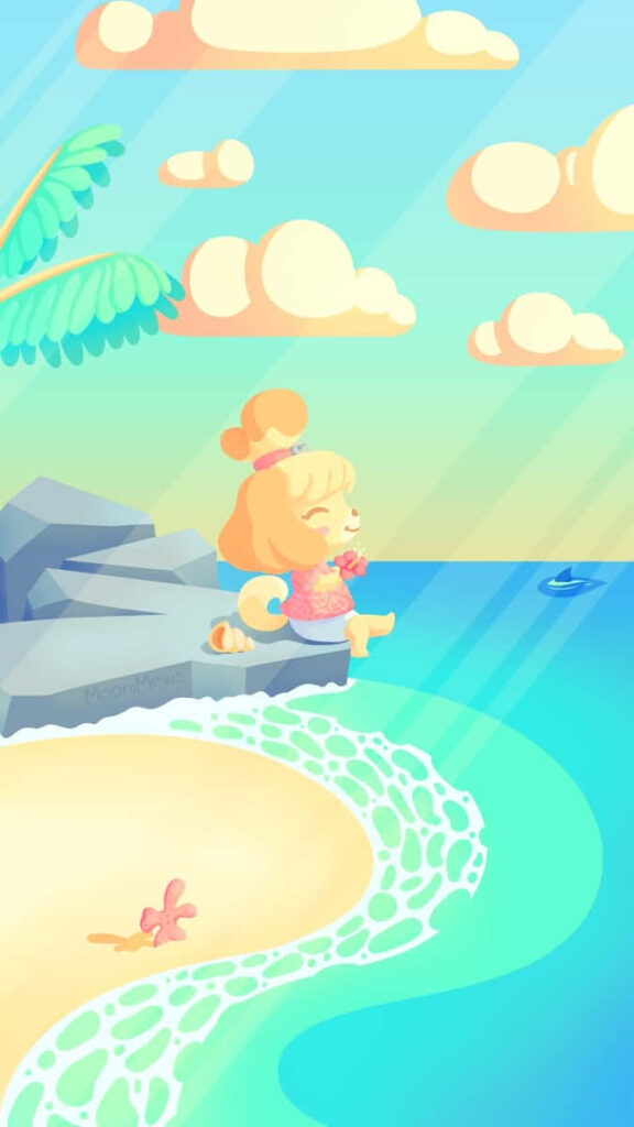 Isabelle from Animal Crossing relaxing on beach rocks under sunny sky ocean wallpaper background